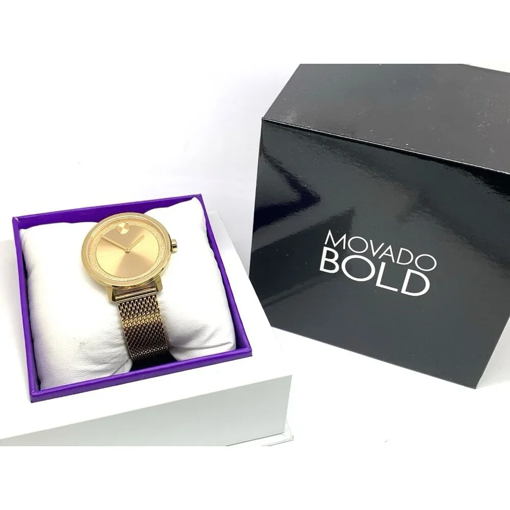 Movado Women's Watch 3600580 Bold Gold Dial Swiss Quartz Steel Mesh Band 34mm